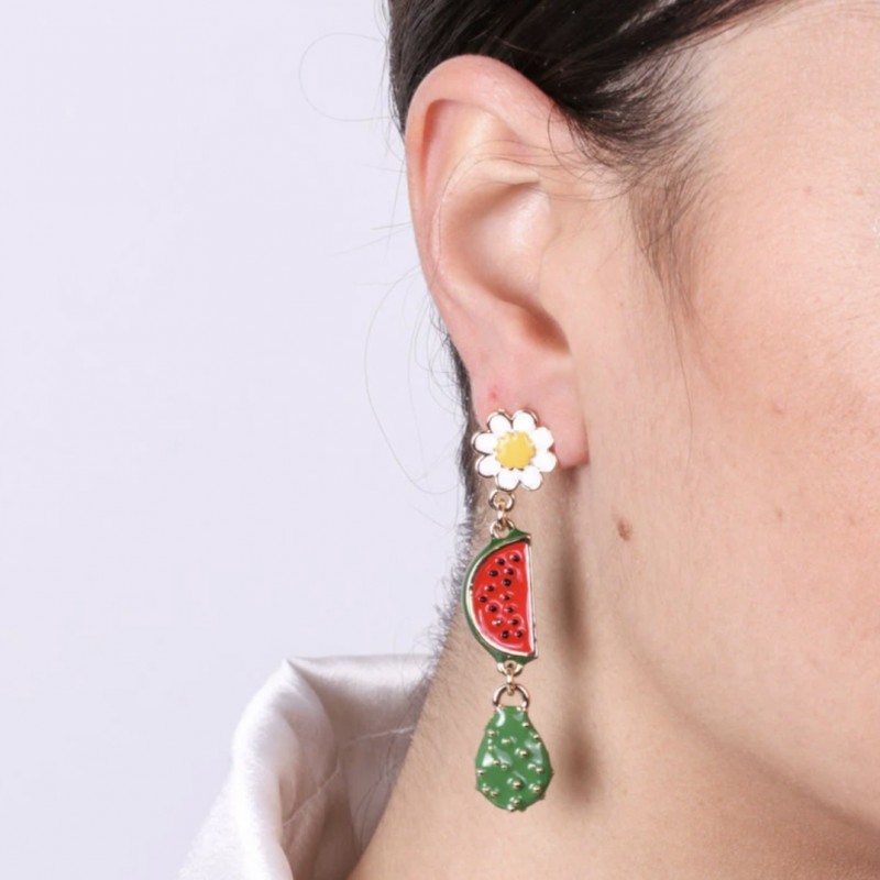 I Love Sicily - BYS - Metal earrings with daisies, watermelon and prickly pear