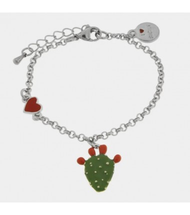 I Love Sicily - BYS - Bracciale in acciaio con cuoricino e fico d'india pendente