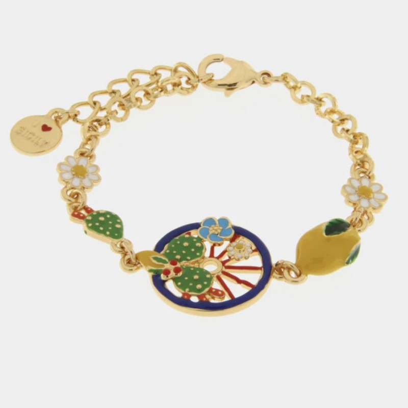 I Love Sicily - BYS - Metal bracelet with blue wheel embellished with lemon, prickly pears and flowers
