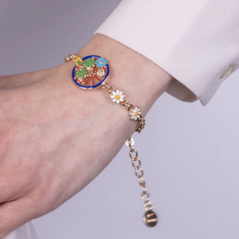I Love Sicily - BYS - Metal bracelet with blue wheel embellished with lemon, prickly pears and flowers