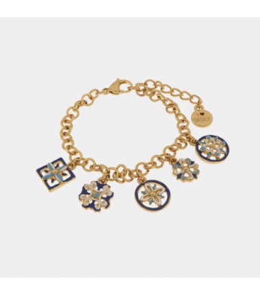 I Love Sicily - BYS - Bracciale in metallo con maioliche azzurre pendenti