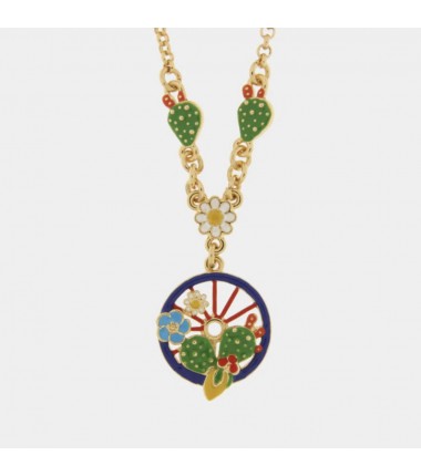 I Love Sicily - BYS - Collana in metallo con ruota blu con limoni, fichi d'india e fiori