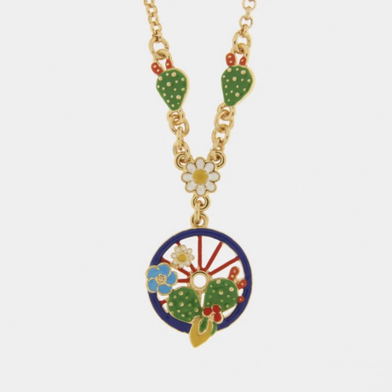 I Love Sicily - BYS - Collana in metallo con ruota blu con limoni, fichi d'india e fiori