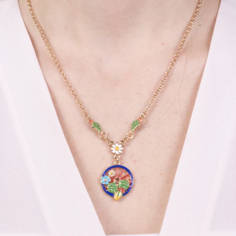 I Love Sicily - BYS - Collana in metallo con ruota blu con limoni, fichi d'india e fiori