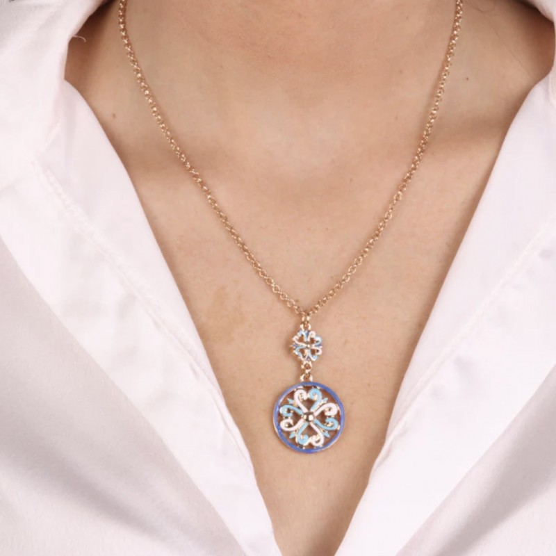 I Love Sicily - BYS -Metal necklace with white, light blue and blue majolica