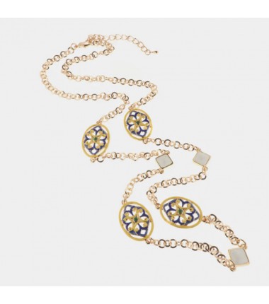 I Love Sicily - BYS -Metal necklace with white, yellow and blue flowers majolica