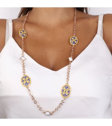I Love Sicily - BYS - Collana in metallo con maioliche a fiore bianco, giallo e blu