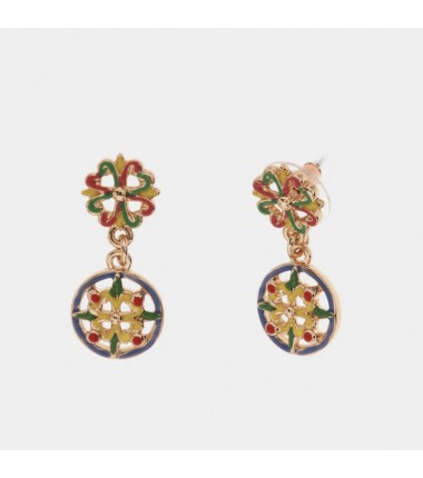 I Love Sicily - BYS -Pendant metal earrings with yellow, red, blue and green majolica