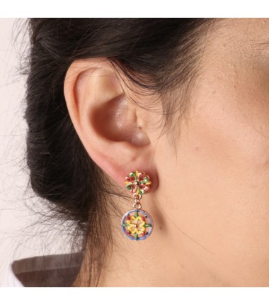 I Love Sicily - BYS -Pendant metal earrings with yellow, red, blue and green majolica