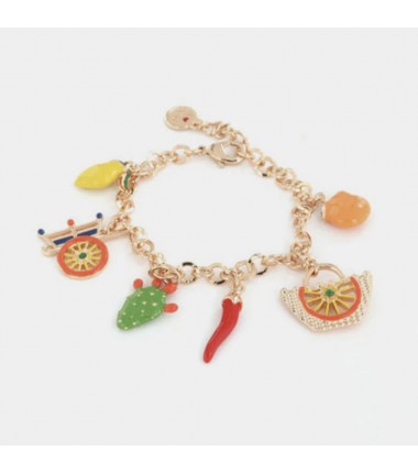 I Love Sicily - BYS - Bracciale in metallo con charm di carretto, coffa, fico d'india, corno e agrumi