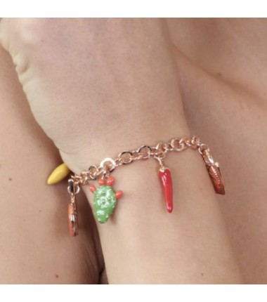 I Love Sicily - BYS - Metal bracelet with charm of sicilian cart, prickly pear, sicilian basket, horn and citrus