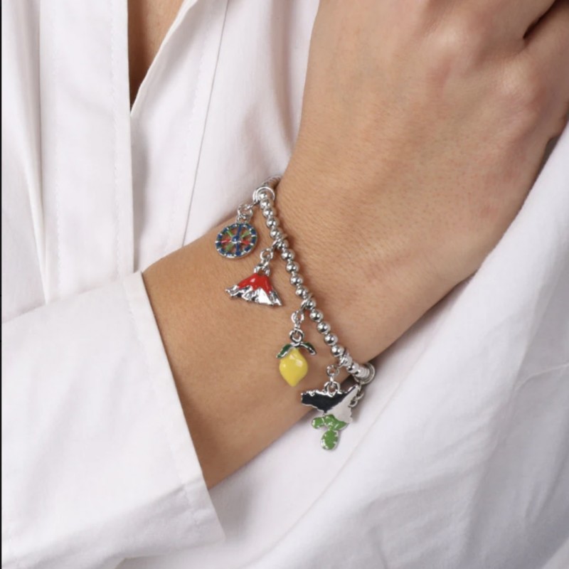 I Love Sicily - BYS - Metal ball bracelet with charm of Trinacria, cart wheel, volcano, lemon, Sicily and prickly pear