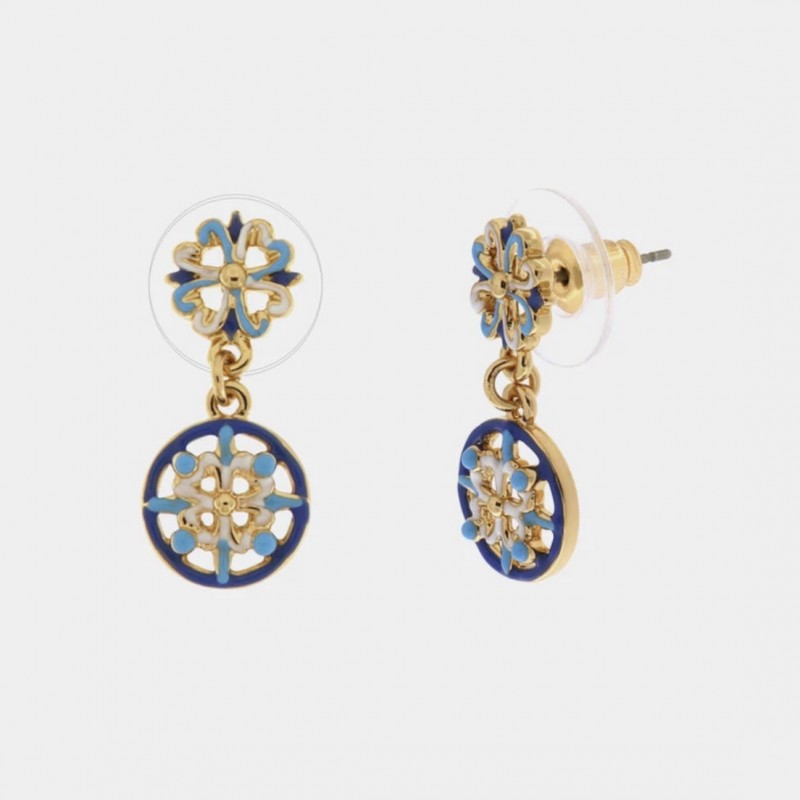I Love Sicily - BYS -Pendant metal earrings with white, blue and light blue majolica