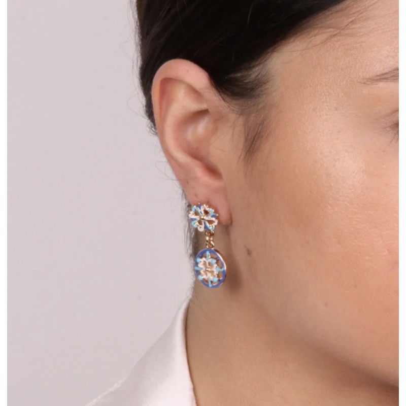 I Love Sicily - BYS -Pendant metal earrings with white, blue and light blue majolica