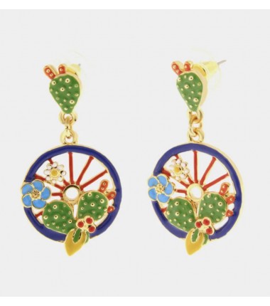 I Love Sicily - BYS - Orecchini in metallo con ruota blu, limoni, fichi d'india e fiori