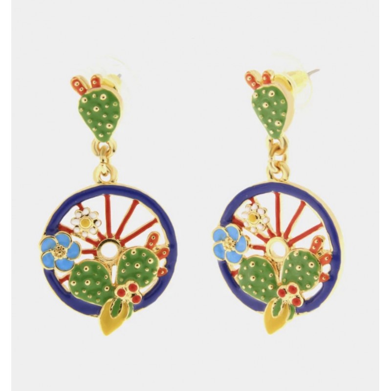 I Love Sicily - BYS - Metal earrings with blue wheel, lemons, prickly pears and flowers