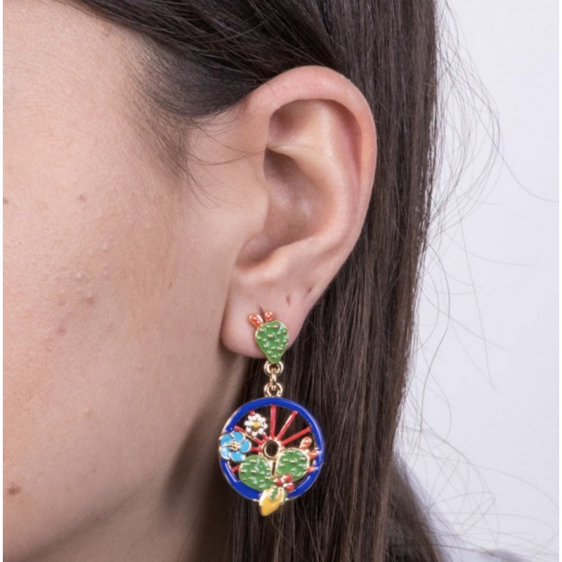 I Love Sicily - BYS - Metal earrings with blue wheel, lemons, prickly pears and flowers