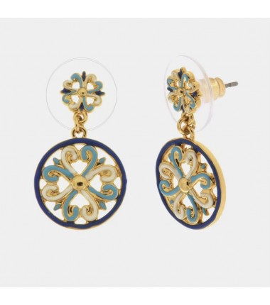 I Love Sicily - BYS -Pendant metal earrings with white, blue and light blue majolica