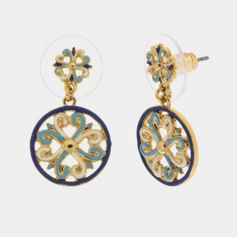 I Love Sicily - BYS - Orecchini in metallo pendenti con maioliche bianco, azzurro e blu