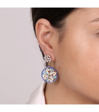 I Love Sicily - BYS -Pendant metal earrings with white, blue and light blue majolica