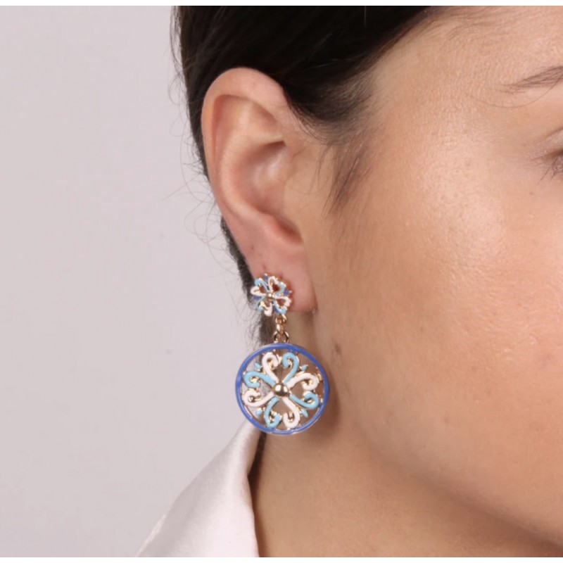 I Love Sicily - BYS - Orecchini in metallo pendenti con maioliche bianco, azzurro e blu