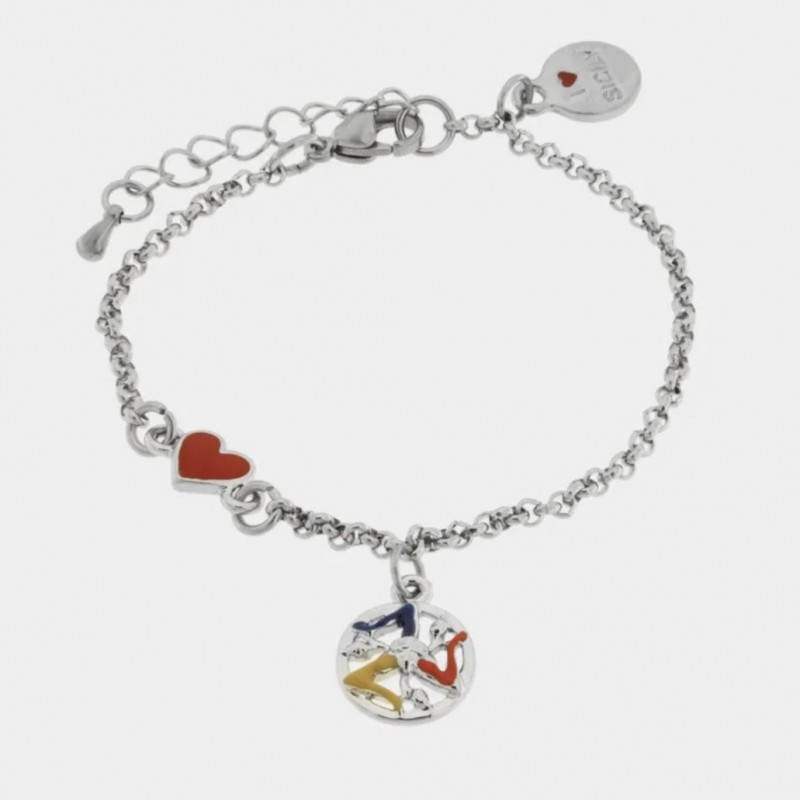 I Love Sicily - BYS - Bracciale in acciaio con cuoricino e trinacria pendente
