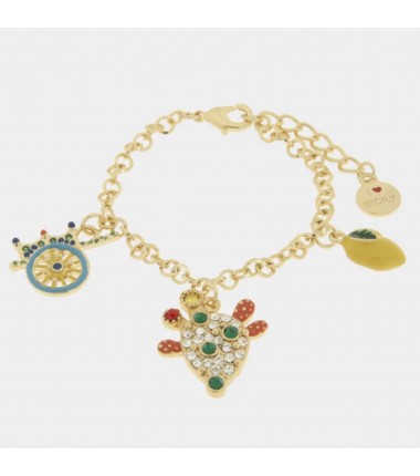 I Love Sicily - BYS - Bracciale in metallo con pala di fico d'india, carretto e limone