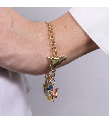 I Love Sicily - BYS - Bracciale in metallo con coffa, Trinacria e Sicilia