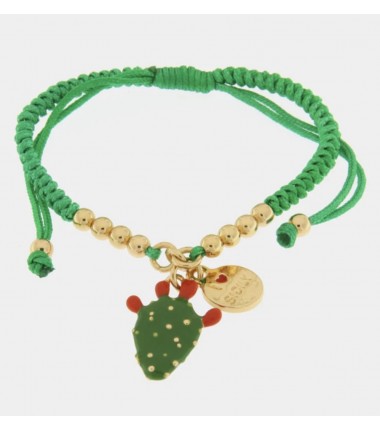 I Love Sicily - BYS - Bracciale in metallo con pala di fico d'india e cordino verde
