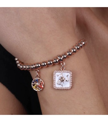 I Love Sicily - BYS - Bracciale in metallo pallinato con mattonella bianca e trinacria pendenti