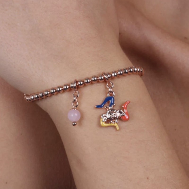 I Love Sicily - BYS - Bracciale in metallo pallinato con trinacria e perlina rosa pendenti