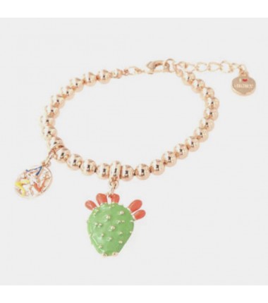 I Love Sicily - BYS - Bracciale in metallo pallinato con pala di fico d'india e trinacria pendenti