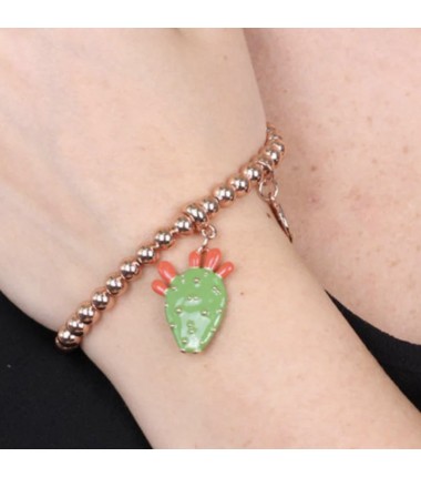 I Love Sicily - BYS - Bracciale in metallo pallinato con pala di fico d'india e trinacria pendenti