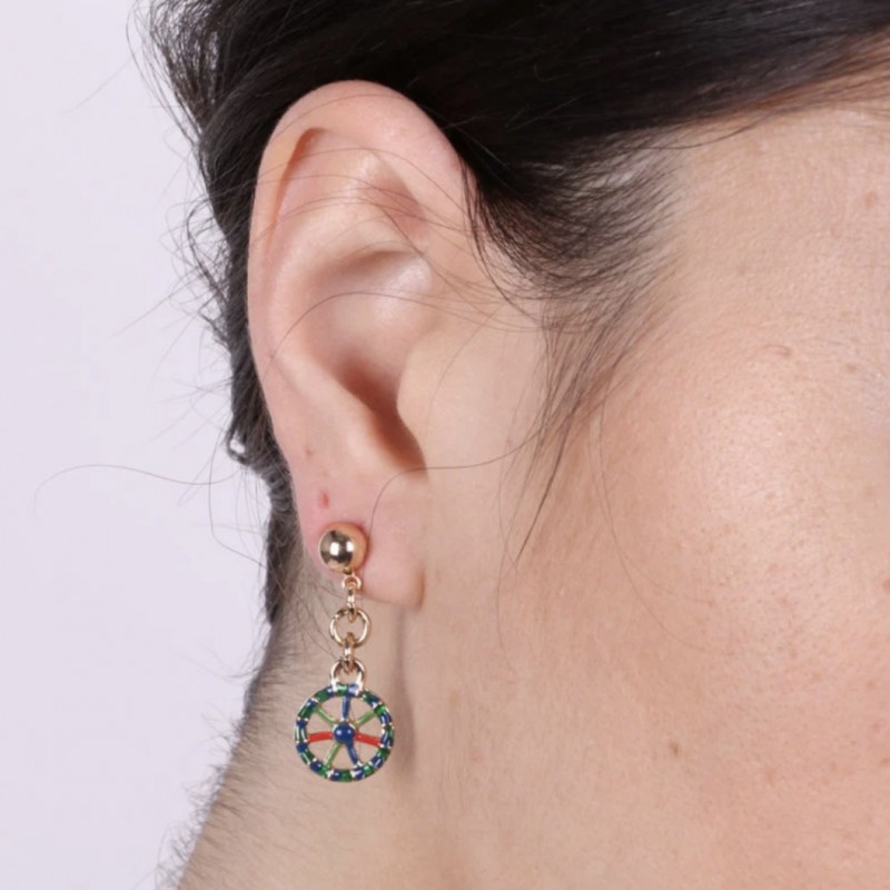 I Love Sicily - BYS -Metal pendant earrings with blue cart wheel