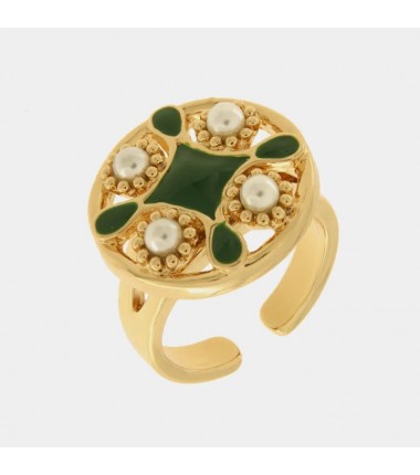 I Love Sicily - BYS - Anello in metallo con maiolica verde e perle