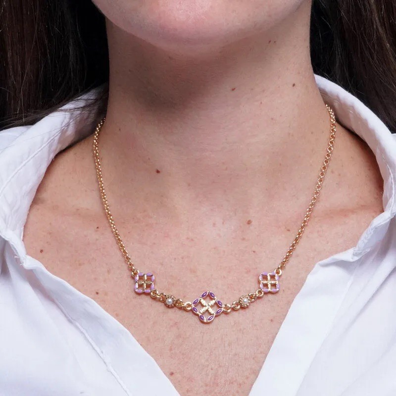 I Love Sicily - BYS - Collana in metallo con maioliche viola e lilla e perle