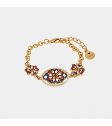 I Love Sicily - BYS - Bracciale in metallo con maioliche bianche, rosse e blu