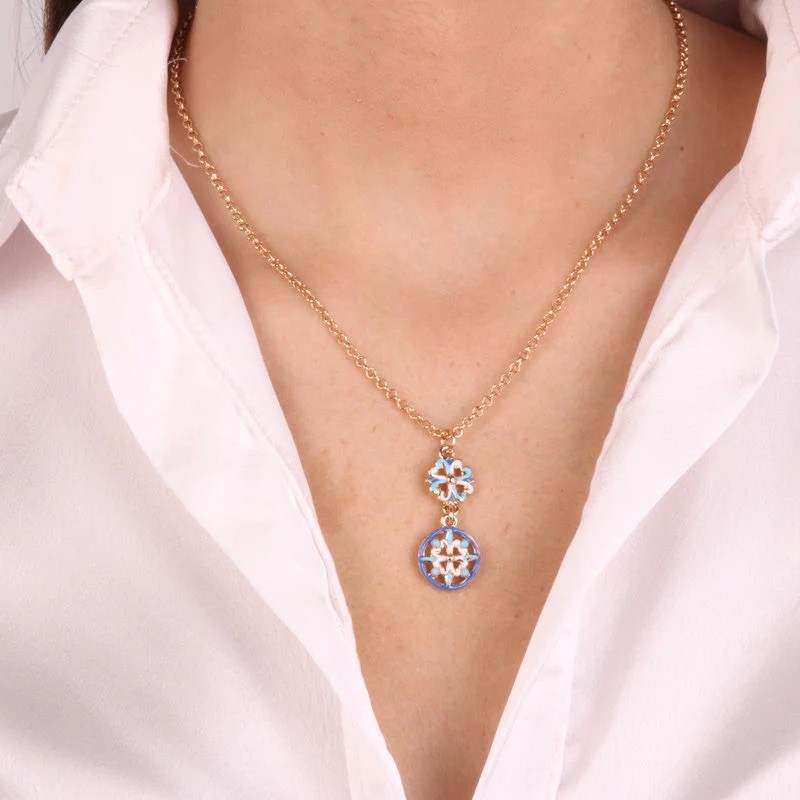 I Love Sicily - BYS - Collana in metallo con maioliche bianche, azzurre e blu