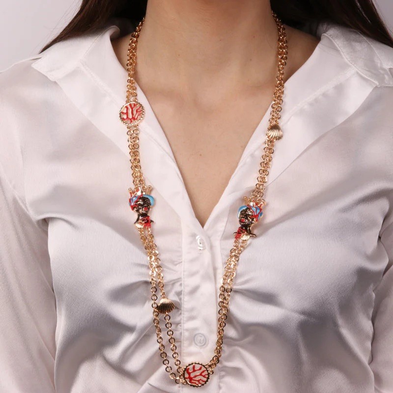 I Love Sicily - BYS - Collana lunga in metallo con teste di moro, coralli e conchiglie