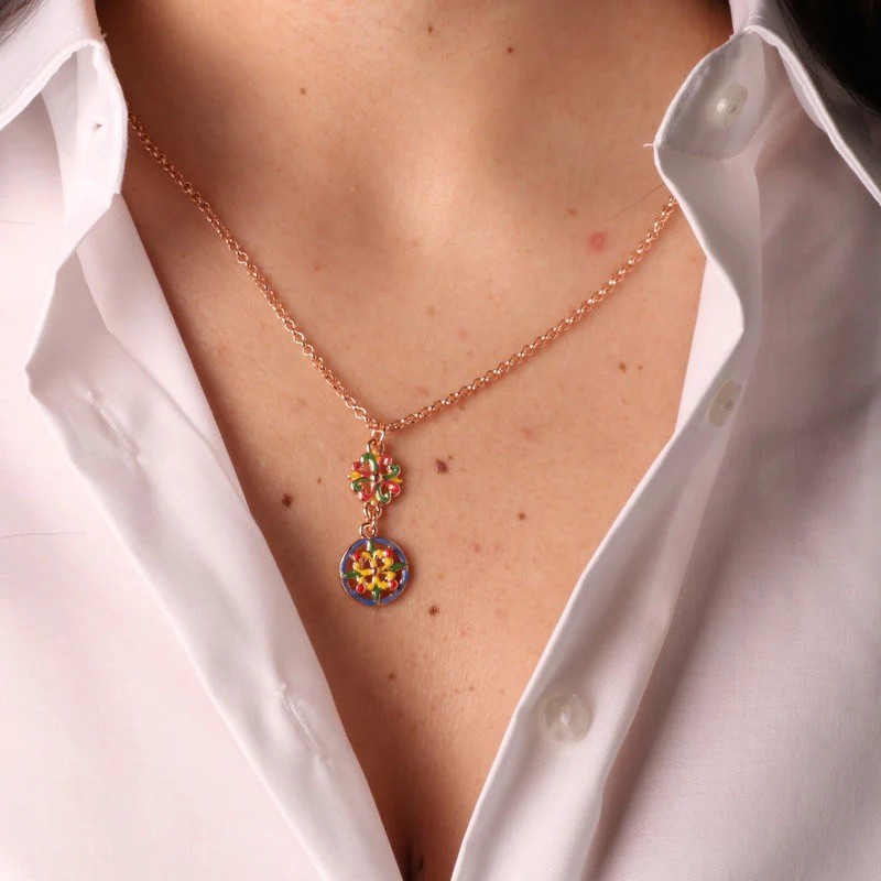 I Love Sicily - BYS - Metal necklace with blue, red, yellow and green majolica