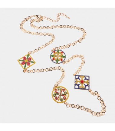 I Love Sicily - BYS -Metal necklace with pink, red, yellow, green and blue flowers majolica