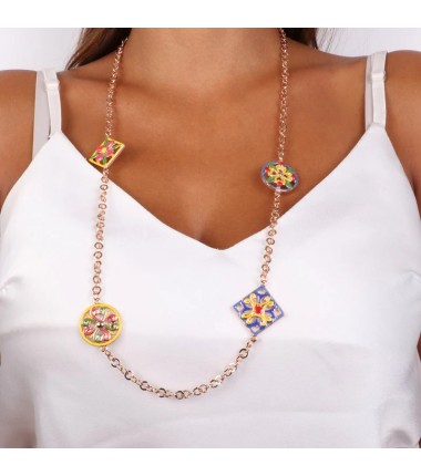 I Love Sicily - BYS - Collana in metallo con maioliche a fiore rosa, rosso, giallo, verde e blu