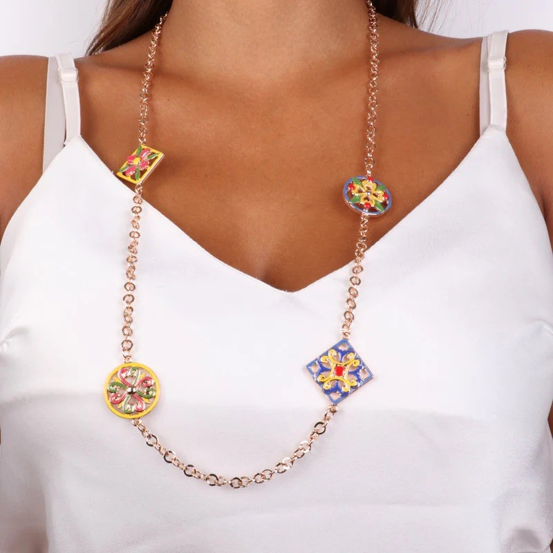 I Love Sicily - BYS - Collana in metallo con maioliche a fiore rosa, rosso, giallo, verde e blu