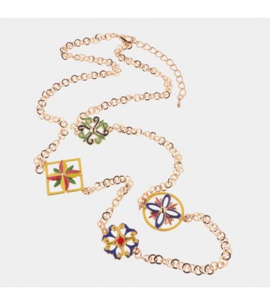 I Love Sicily - BYS -Metal necklace with pink, red, yellow, green and blue flowers majolica