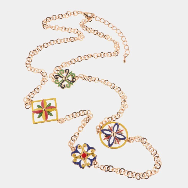 I Love Sicily - BYS - Collana in metallo con maioliche a fiore rosa, rosso, giallo, verde e blu