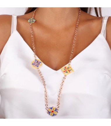 I Love Sicily - BYS - Collana in metallo con maioliche a fiore rosa, rosso, giallo, verde e blu