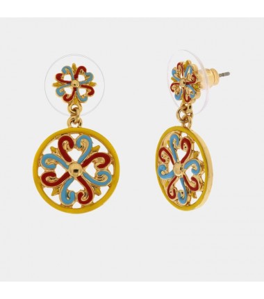 I Love Sicily - BYS - Orecchini in metallo pendenti con maioliche rosse, gialle e azzurre
