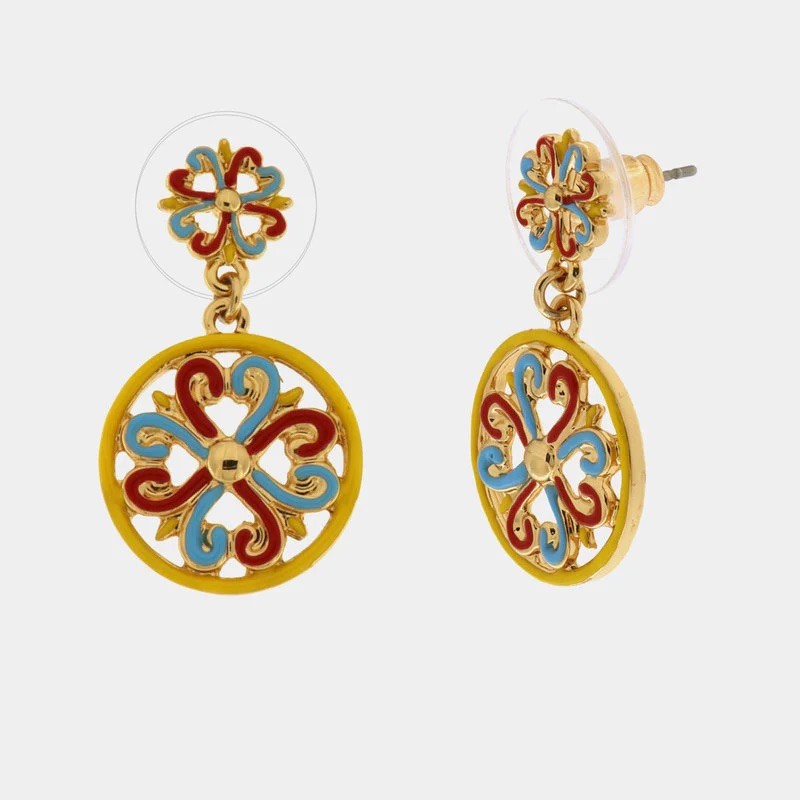 I Love Sicily - BYS -Pendant metal earrings with red, yellow and light blue majolica