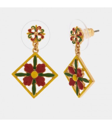 I Love Sicily - BYS - Orecchini in metallo pendenti con maioliche a fiore rosa, gialle e verdi