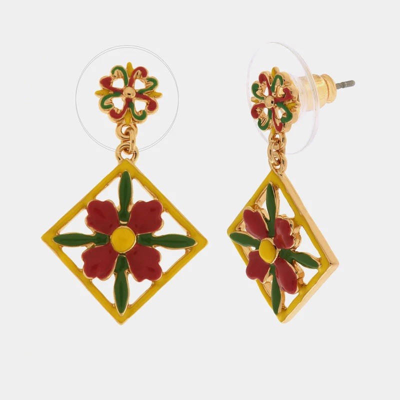 I Love Sicily - BYS - Orecchini in metallo pendenti con maioliche a fiore rosa, gialle e verdi